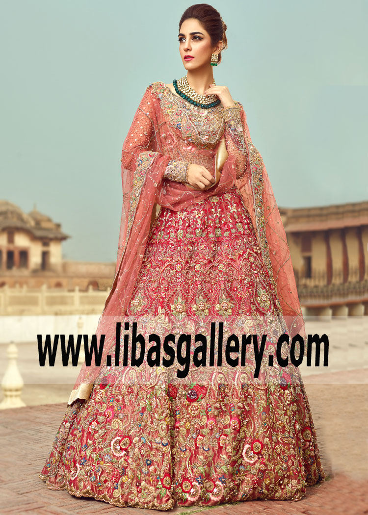 Spectacular Coral Gladiolus Wedding Lehenga