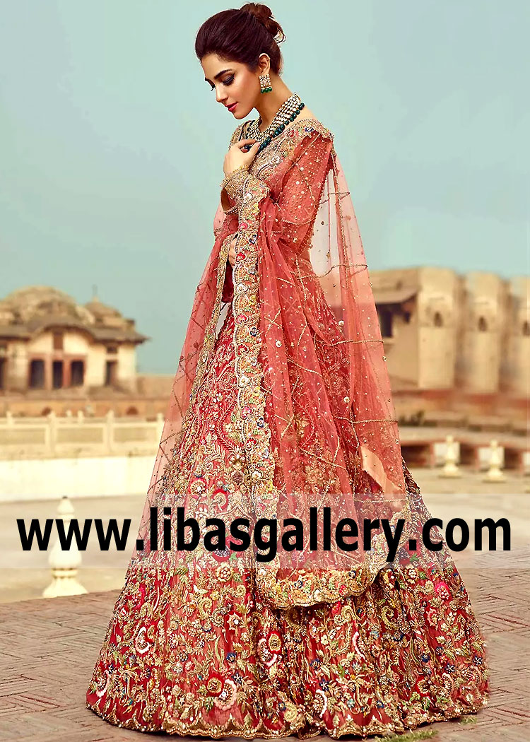 Spectacular Coral Gladiolus Wedding Lehenga