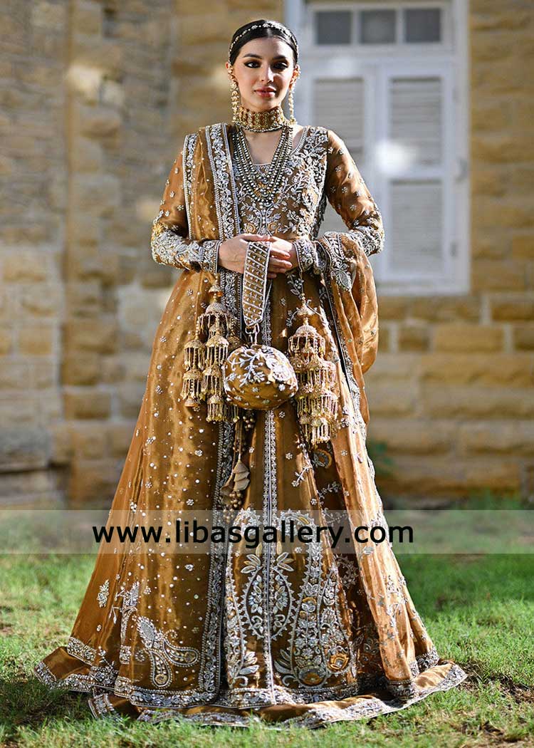 Bronze Anarkali Lamé Dress with Silver Zardozi Work - Pakistani Bridal Wear UK USA