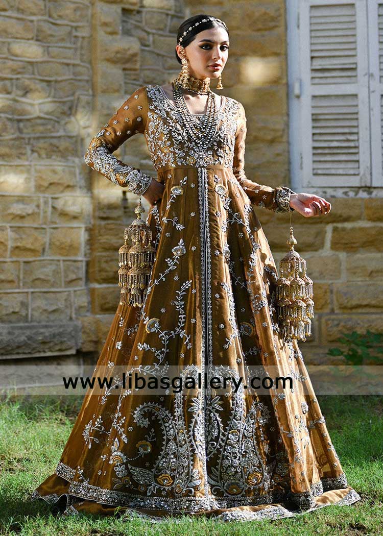 Stunning Bronze Anarkali Dress with Silver Zardozi Work