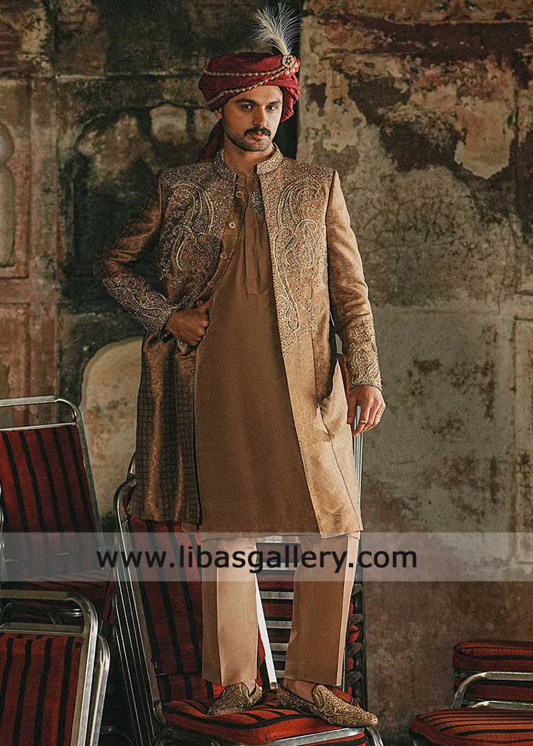 Brown Jamawar Groom Embroidered Nikah Sherwani