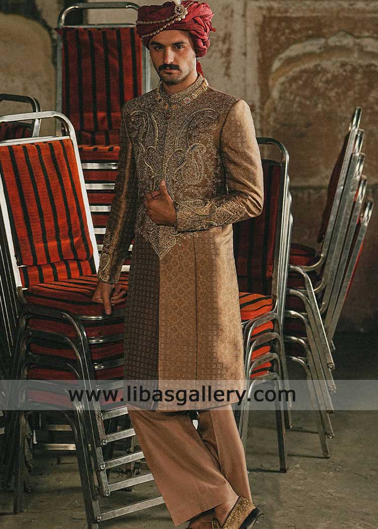 Brown Jamawar Groom Embroidered Nikah Sherwani