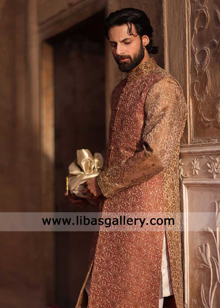 Luxury Brown Hand Embroidered Jamawar Groom Sherwani for Wedding