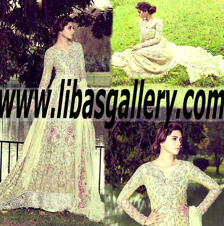 Luxurious Special Occasion Dress in Spring Bud color for Engagement and Walima