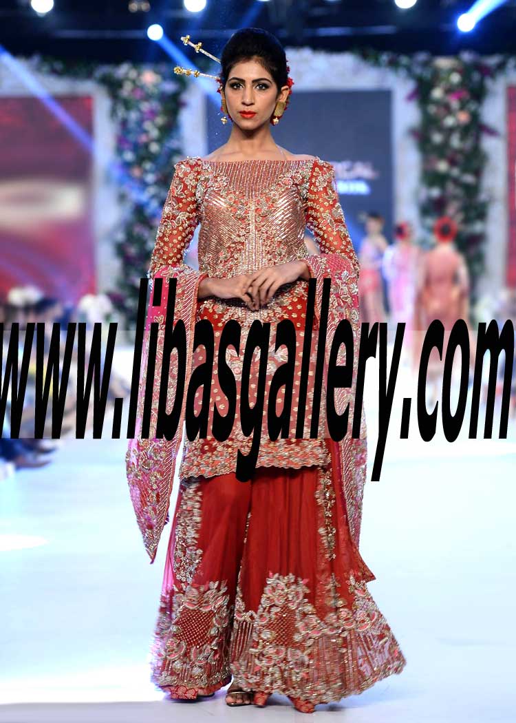 Captivating Pakistani Bridal flared Sharara Dress with Beautiful Embellishments