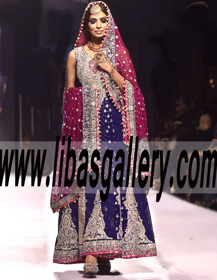PLEASANT BLUE FLORAL PANELED Anarkali Bridal Dress for Wedding and Special Occcasions