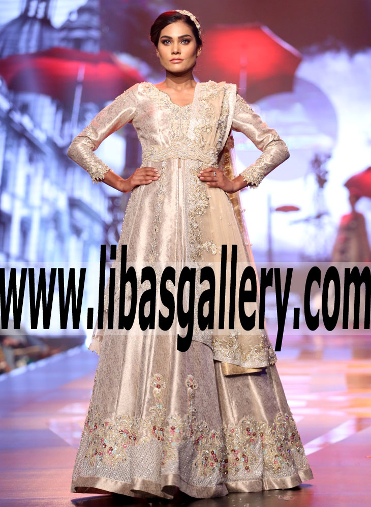 BEAUTIFULLY EMBELLISHED FIT AND FLARE BRIDAL GOWN WITH LEHENGA FOR A ROMANTIC CHIC LOOK FOR ENGAGEMENT AND SPECIAL OCCASIONS