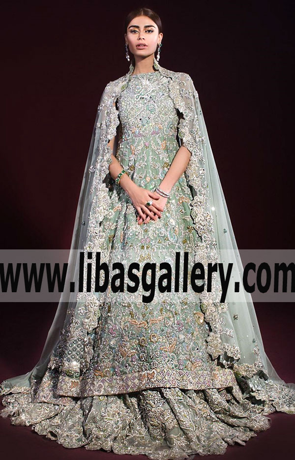 Heavy Embellished Bridal Anarkali Lehenga in Mint Color Tena Durrani Bridal Anarkalis Wedding Anarkalis Lawrenceville New Jersey NJ US