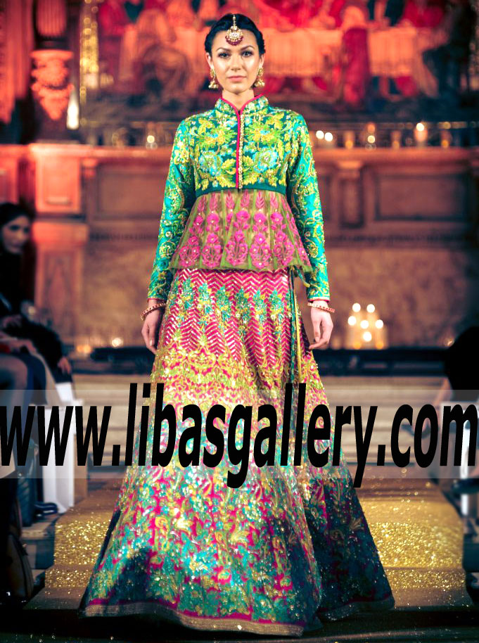 Designer Nomi Ansari Peplum Bridal Wear Designer Wedding Lenghas | Fashion Parade London | shop in Abu Dhabi UAE