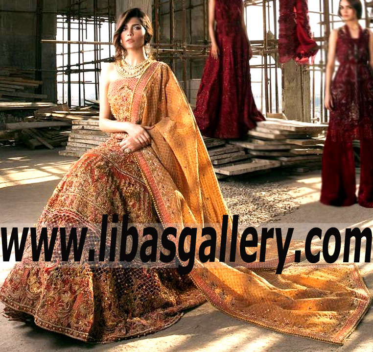 Majestic Persian Orange Carnation Wedding Anarkali Gown
