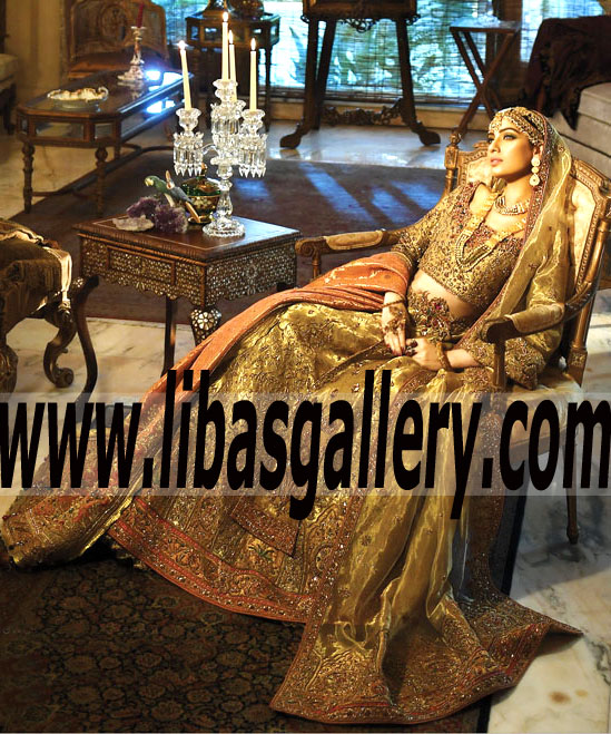 Stunning Old Gold Amorpha Bridal Lehenga