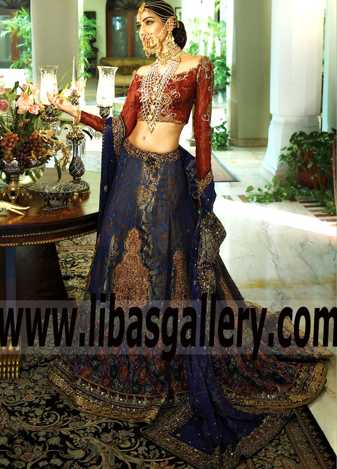 Striking Rufous Blue Celosia Bridal Lehenga