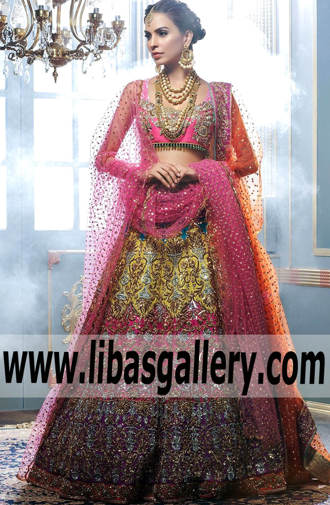 Tantalizing Hollywood cerise Gladiolus Bridal Lehenga