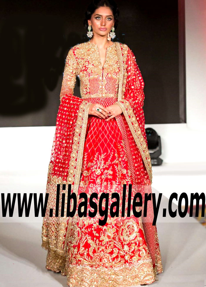 Outstanding Venetian Red Gladiolus Bridal Anarkali