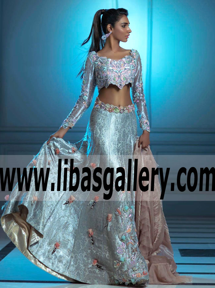 Lovely Crystal Silver Hymenocallis Bridal Lehenga