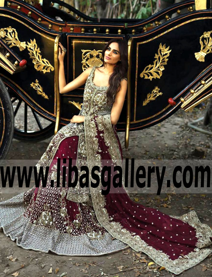 Glowing Rosewood Aquilegia Designer Wedding Lehenga