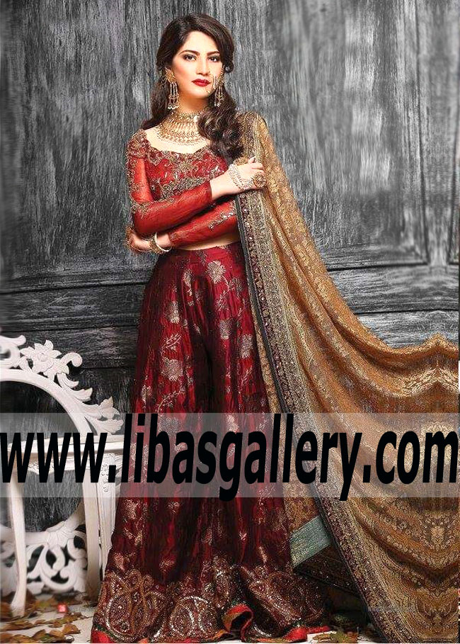 Modern Style Dark Carmine Eucharis Bridal Lehenga