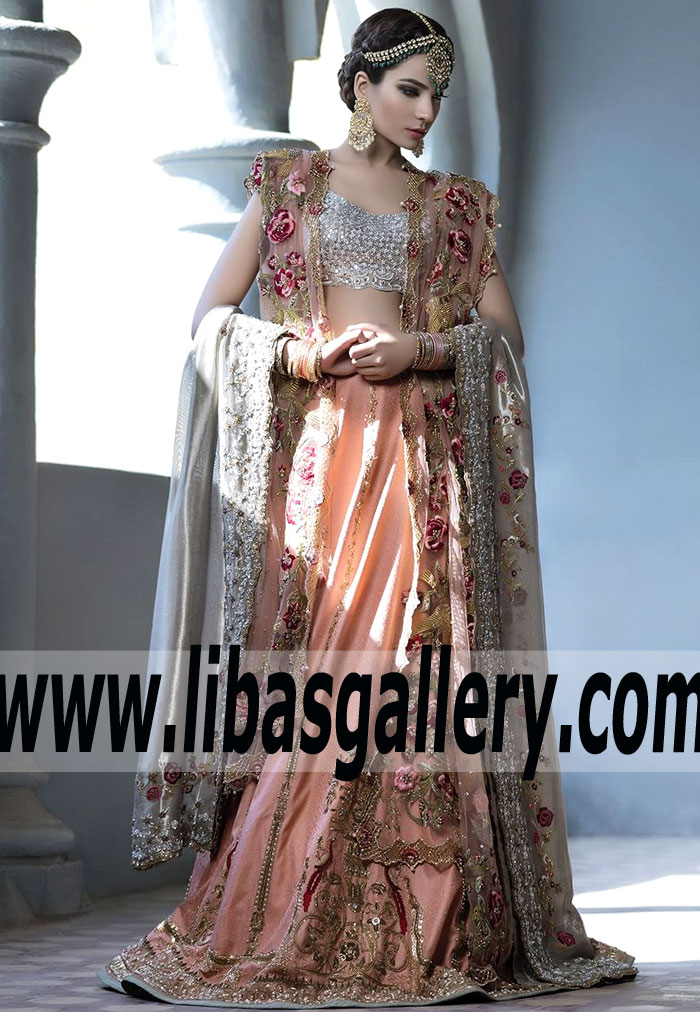 Beauteous Silver Tissue Dendrobium Bridal Lehenga