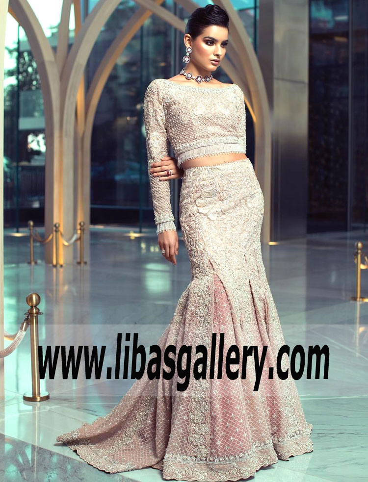 Fascinating Powder Pink Dahlia Wedding Lehenga 
