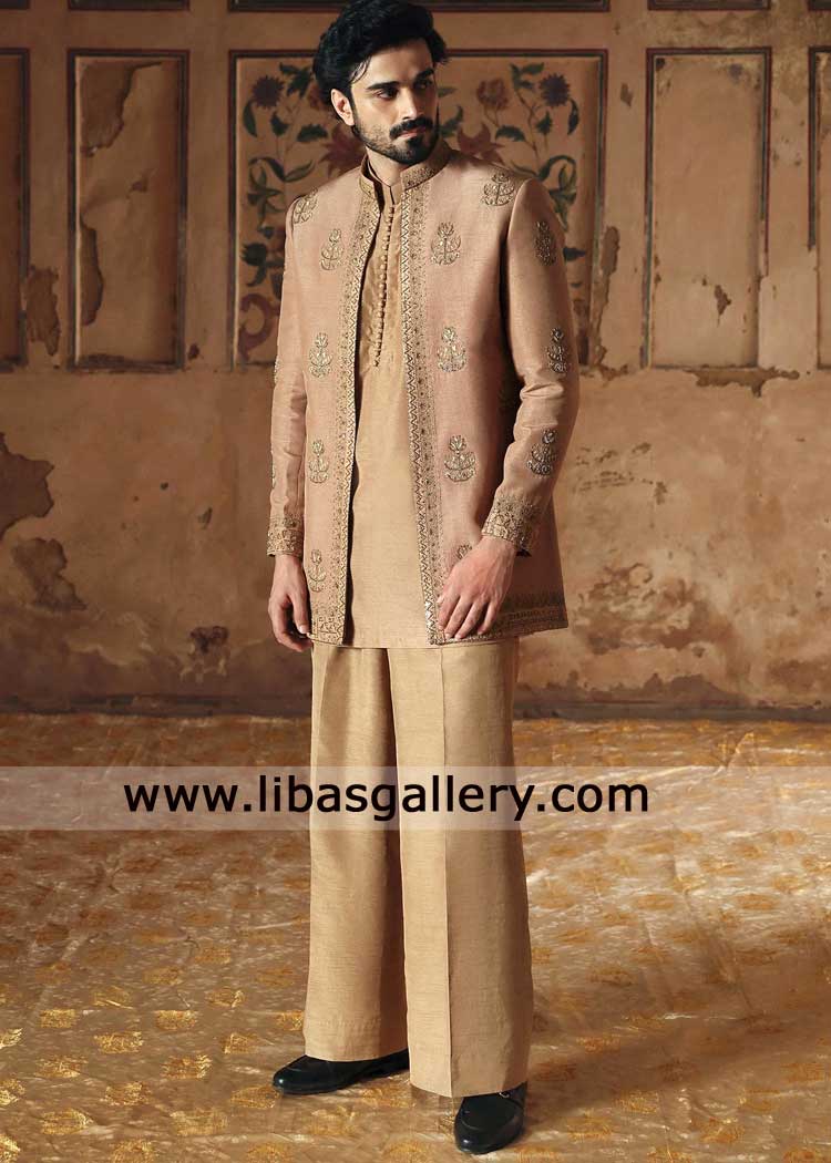 Camel Short length Gold Hand Embellished Groom Sherwani