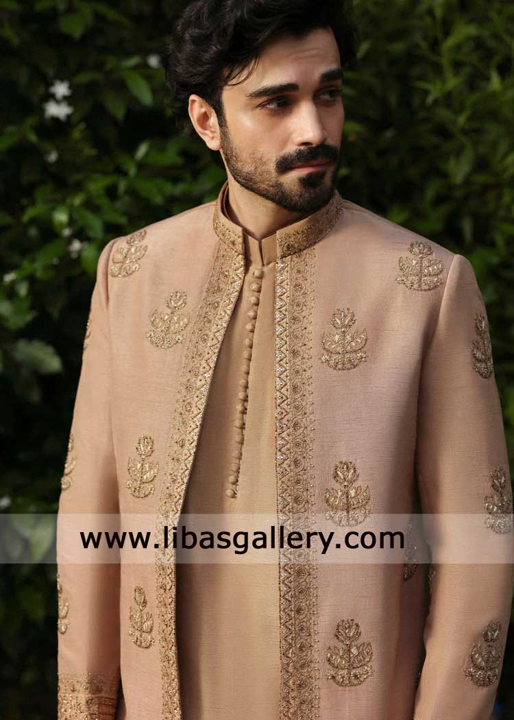 Camel Short length Gold Hand Embellished Groom Sherwani