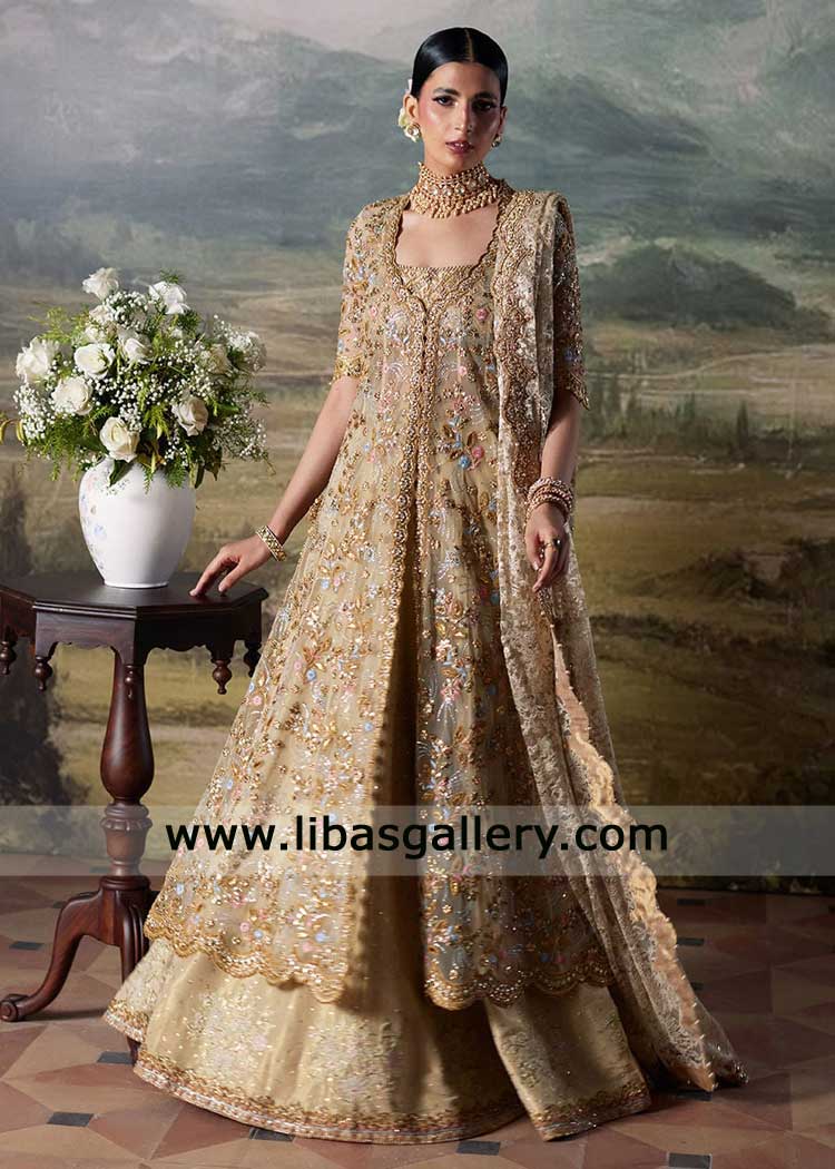 Pakistani Champagne gold bridal peshwas with lehenga Denver USA