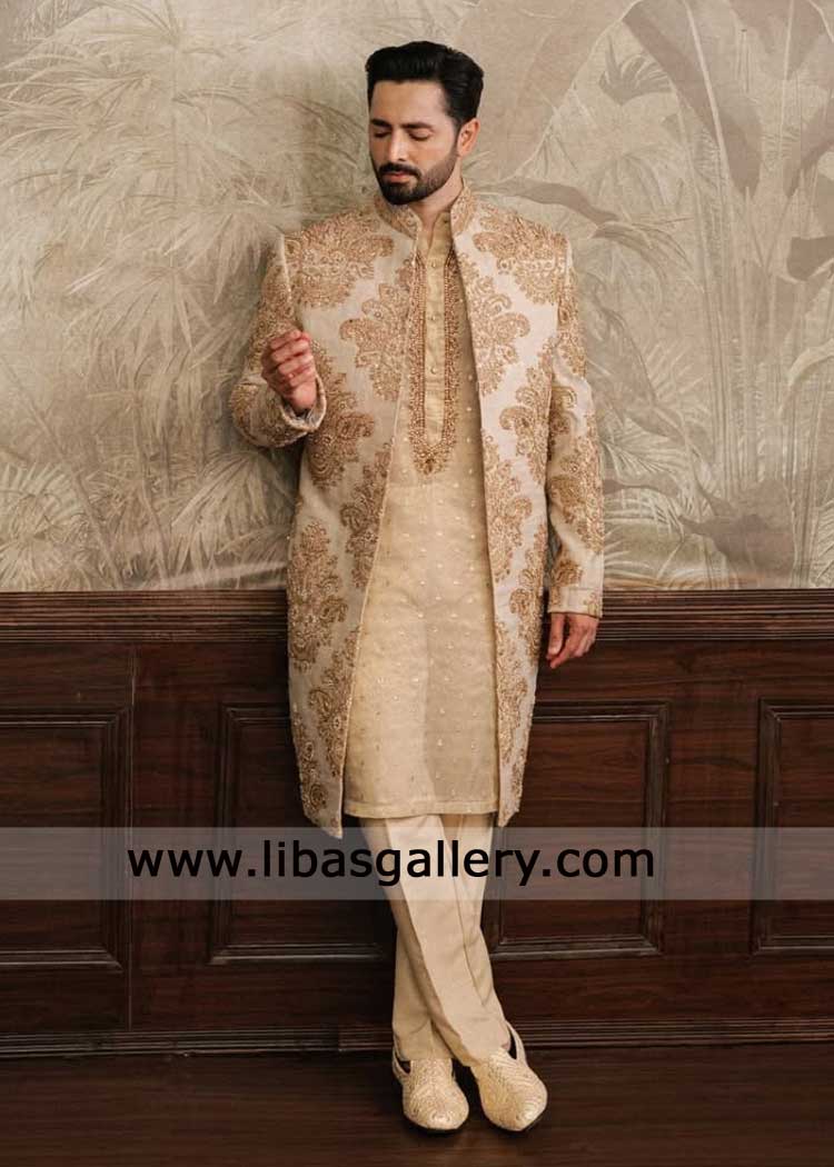 Champagne Gold Sherwani Mughal Era hand work for wedding