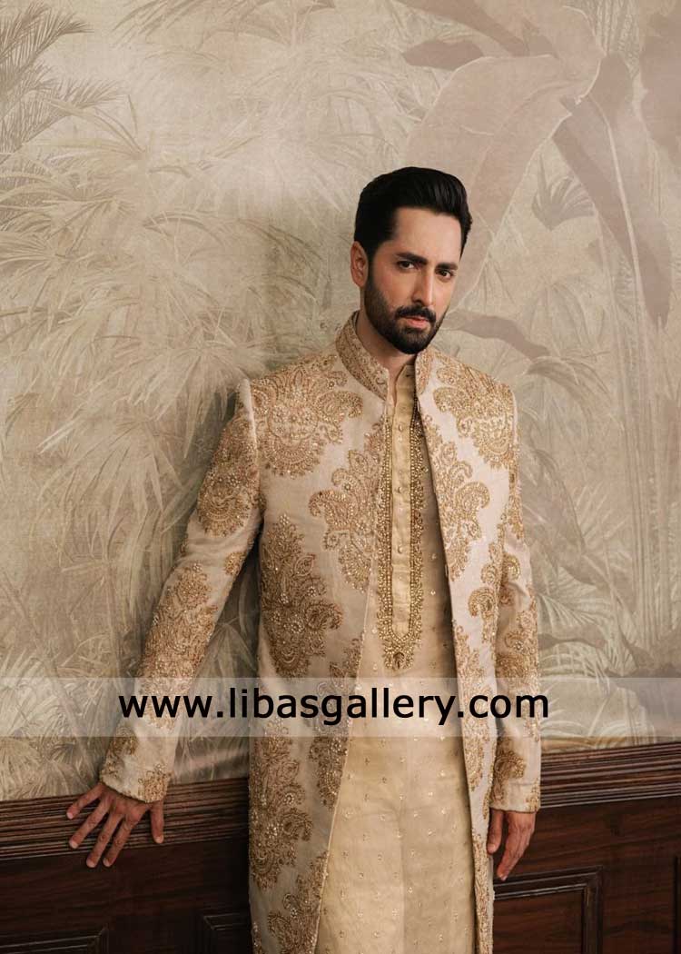 Champagne Gold Sherwani Mughal Era hand work for wedding