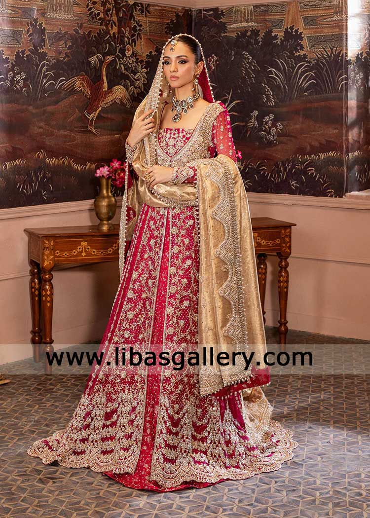 Shop Bridal lehenga with Silver Hand Embellishment in Jamawar Chicago USA Gold Bridal Dupatta Intricate hand Embroidered Bridal Cherry Shirt