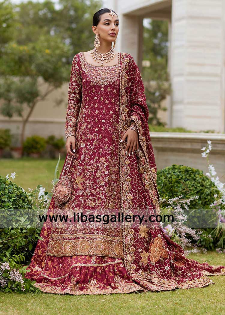 Cherry Red Wedding Bridal Shirt Lehenga Set with Gold Zardozi Work