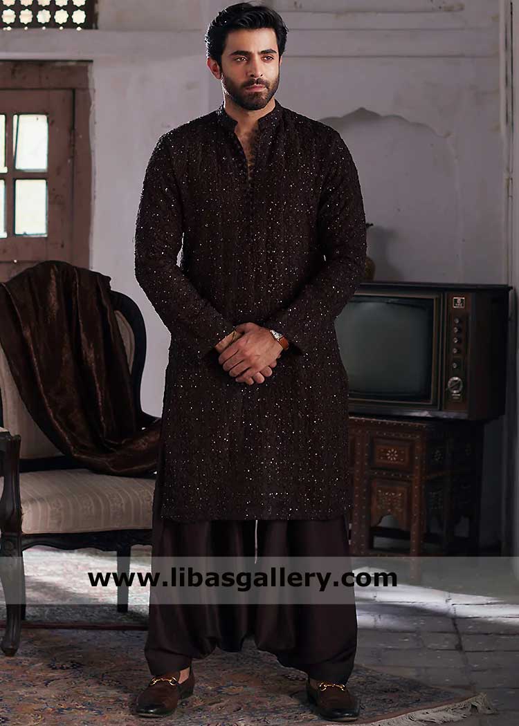 Men hand embroidered chocolate brown kurta with jamawar shawl, brown kurta with flared shalwar, kurta shalwar and jamawar shawl UK USA Australia