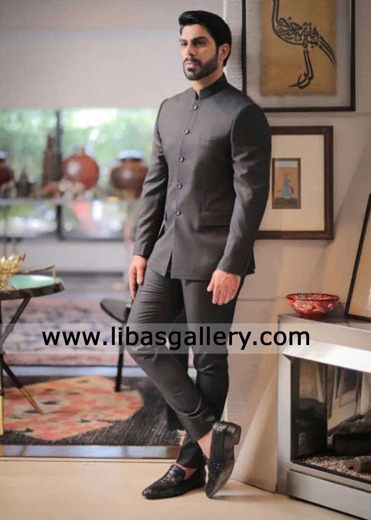 Charcoal Gray Suiting Fabric Prince Coat and pants