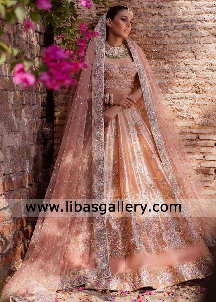 Coral Embroidered Lehenga with Blouse handcrafted Bridal
