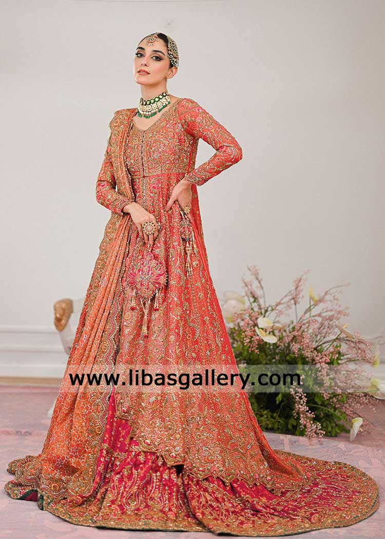 Coral Trailed Kalidar bridal Frock with Pink Farshi lehenga