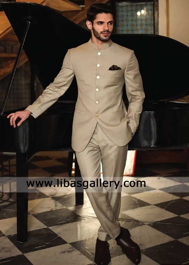 creamy beige imperial prince coat with pants for groom nikah ceremony and wedding event crafted from premium fabric UK USA Canada Dubai