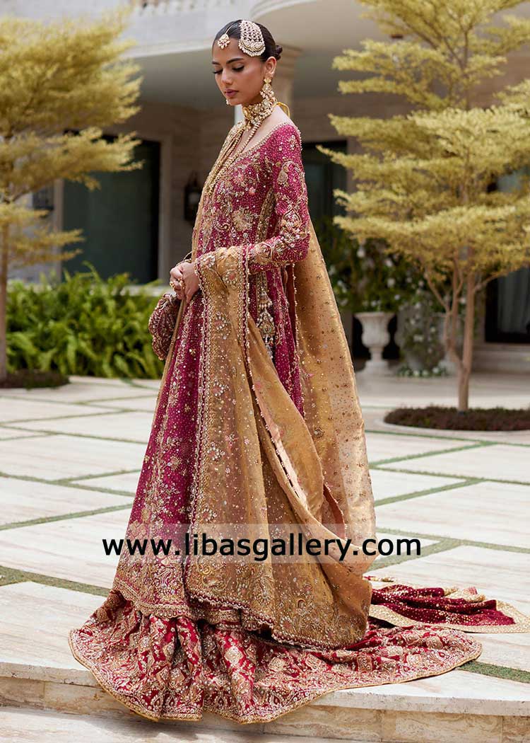 Crimson Red Bridal Peshwas with Jamawar Farshi Lehenga