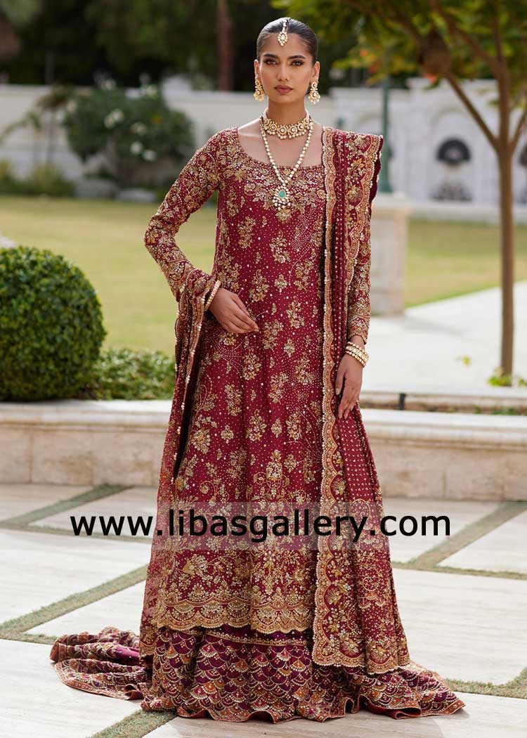 Deep red maroon bridal jamawar lehenga Kora Dabka work, shirt with heavy daman and bridal dupatta borders Jaal on Pallu London Perth New York Deep red maroon bridal jamawar lehenga Kora Dabka work, shirt with heavy daman and bridal dupatta borders Jaal on Pallu London Perth New York
