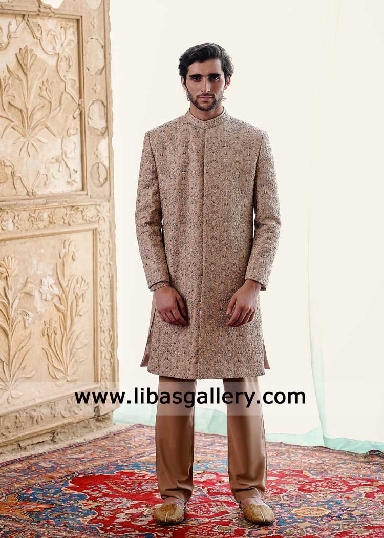 Dull gold tilla embroidered groom sherwani design