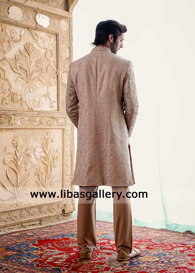 Dull gold tilla embroidered groom sherwani design