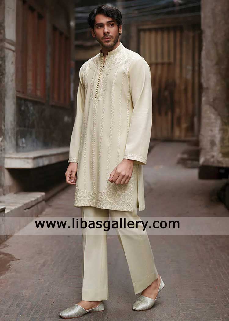 Beige hue Kurta in karandi textured with resham thread embroidery for men occasion and event with karandi trouser Dallas Fort worth Bristol Dubai