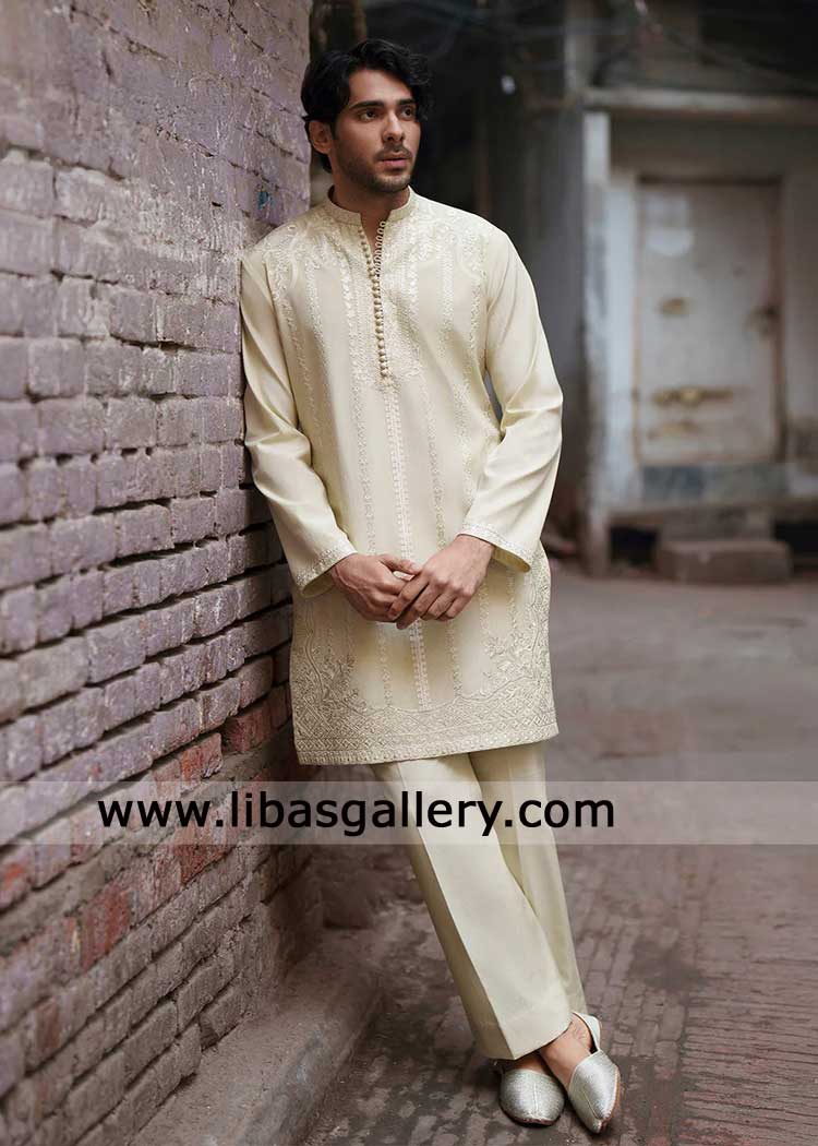 Embroidered Beige Men Karandi Kurta subtle Textured