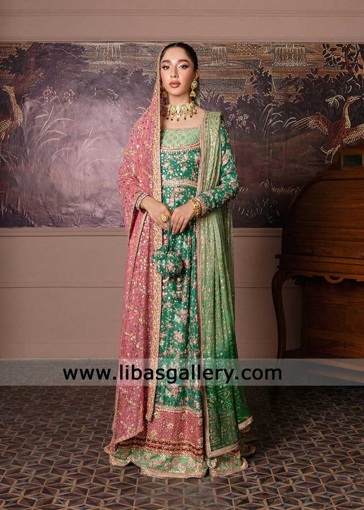 Emerald Green Bridal Gown hand embellished with Dupatta