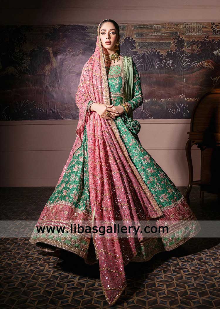 Emerald Green Bridal Gown hand embellished with Dupatta