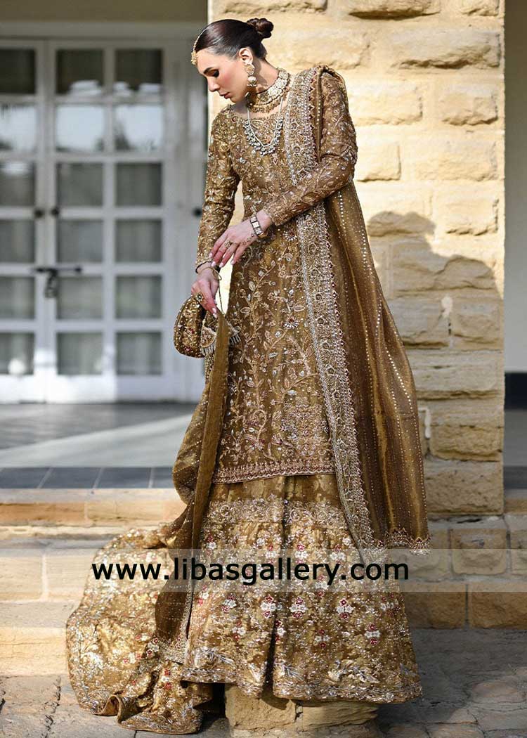 rich gold bridal lehenga dress with an all over jaal- Pakistani hand embroidered bridal rich gold bridal lehenga dress with an all over jaal- Pakistani hand embroidered bridal