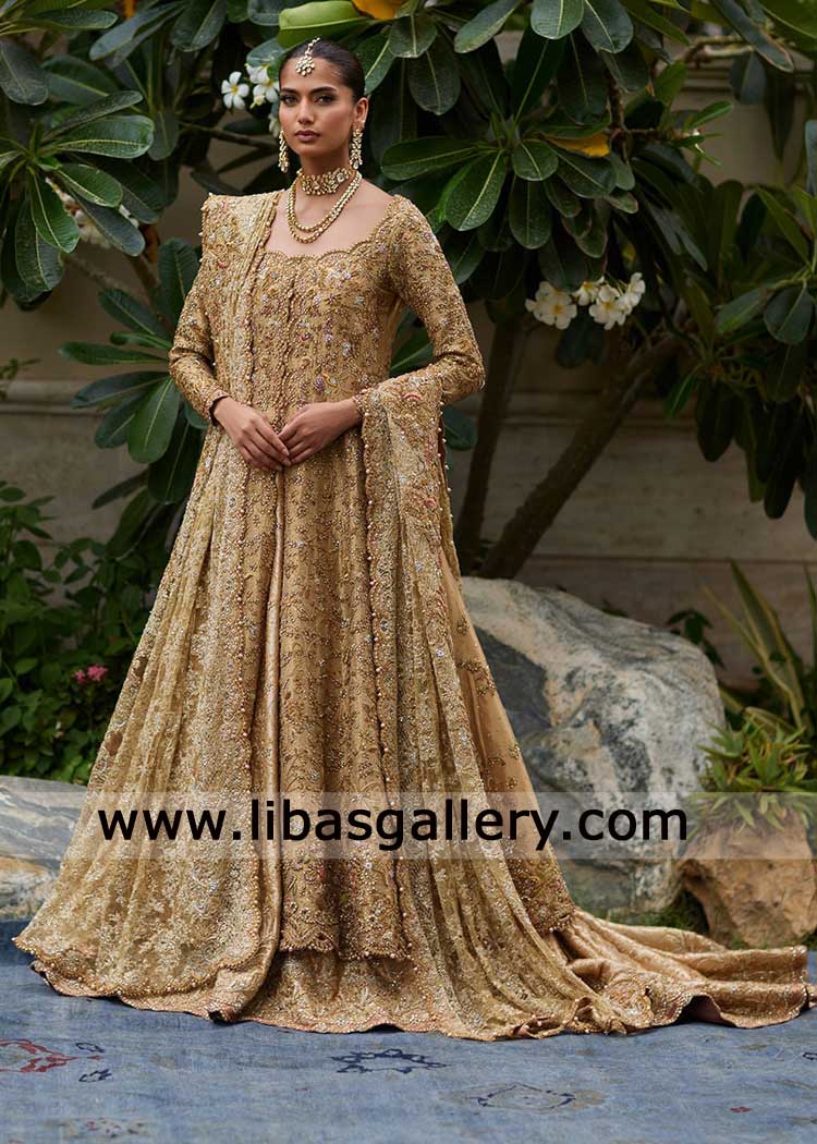 Gold Bridal Lehenga Peshwas Hand embellished with Trail