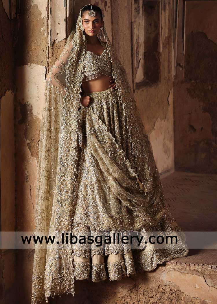 Gold Bridal Lehenga Choli Crafted from Zardozi Hand work High Quality modern design and hanging details, bridal dupatta heavy hand work 