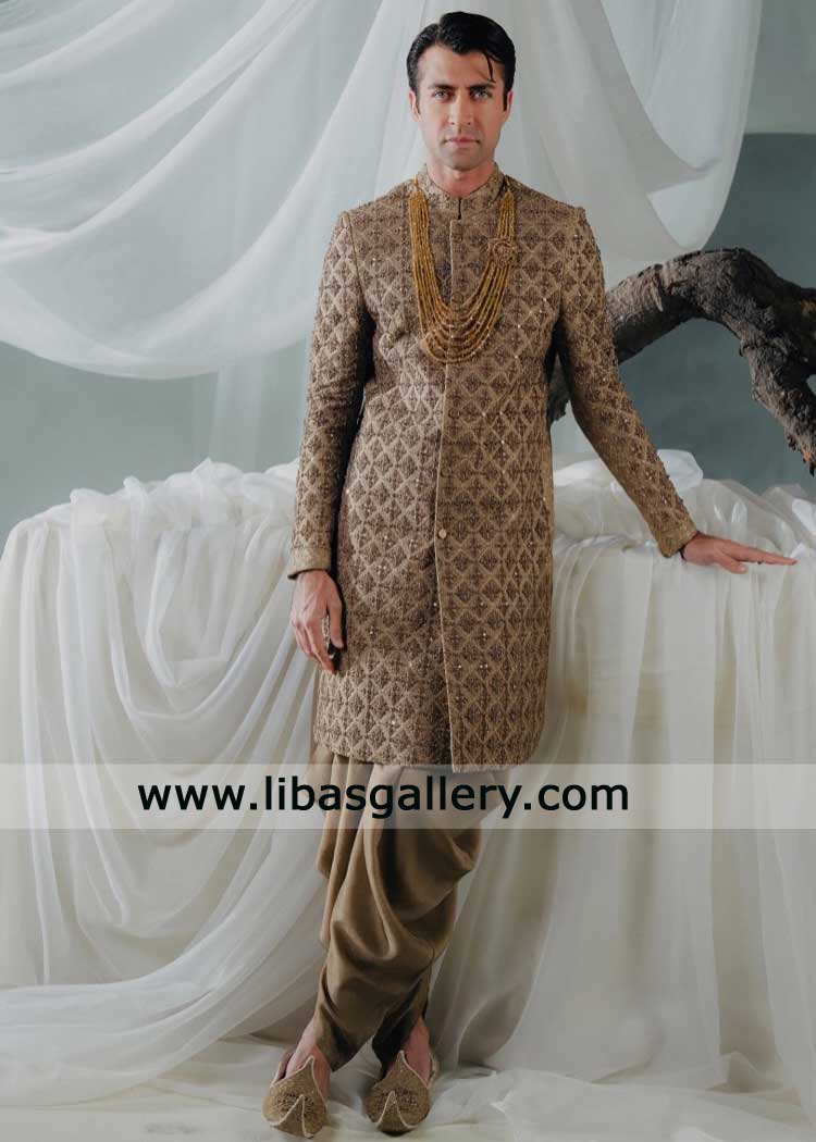 Regal Gold Sherwani hand embroidered Motifs Design