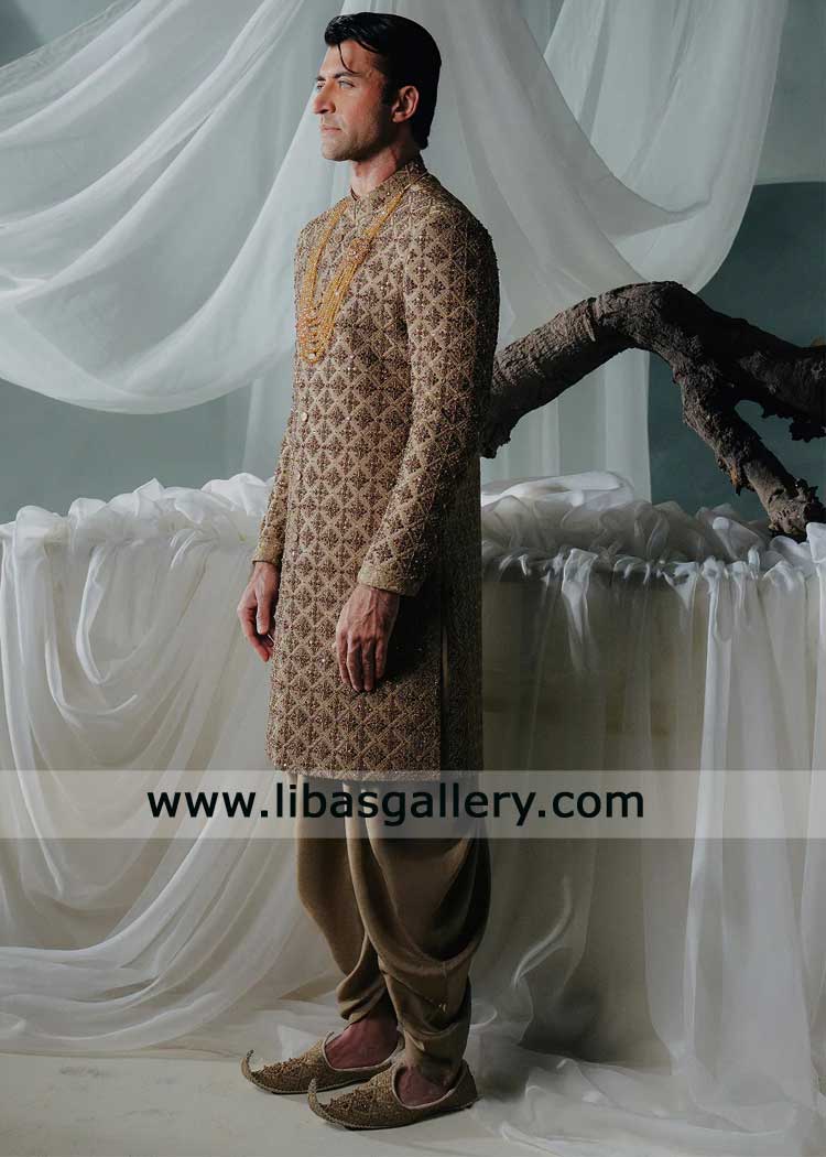 Regal Gold Sherwani hand embroidered Motifs Design