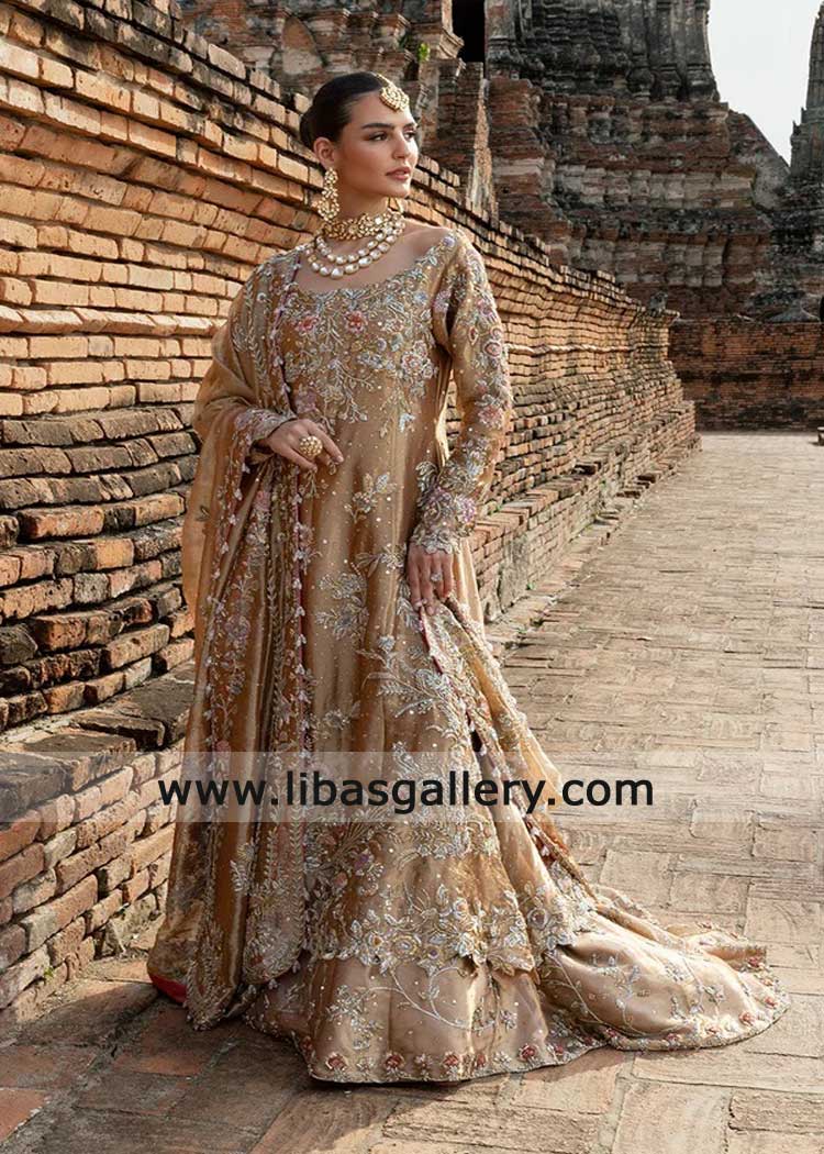 Pakistani Gold bridal shirt with Farshi lehenga