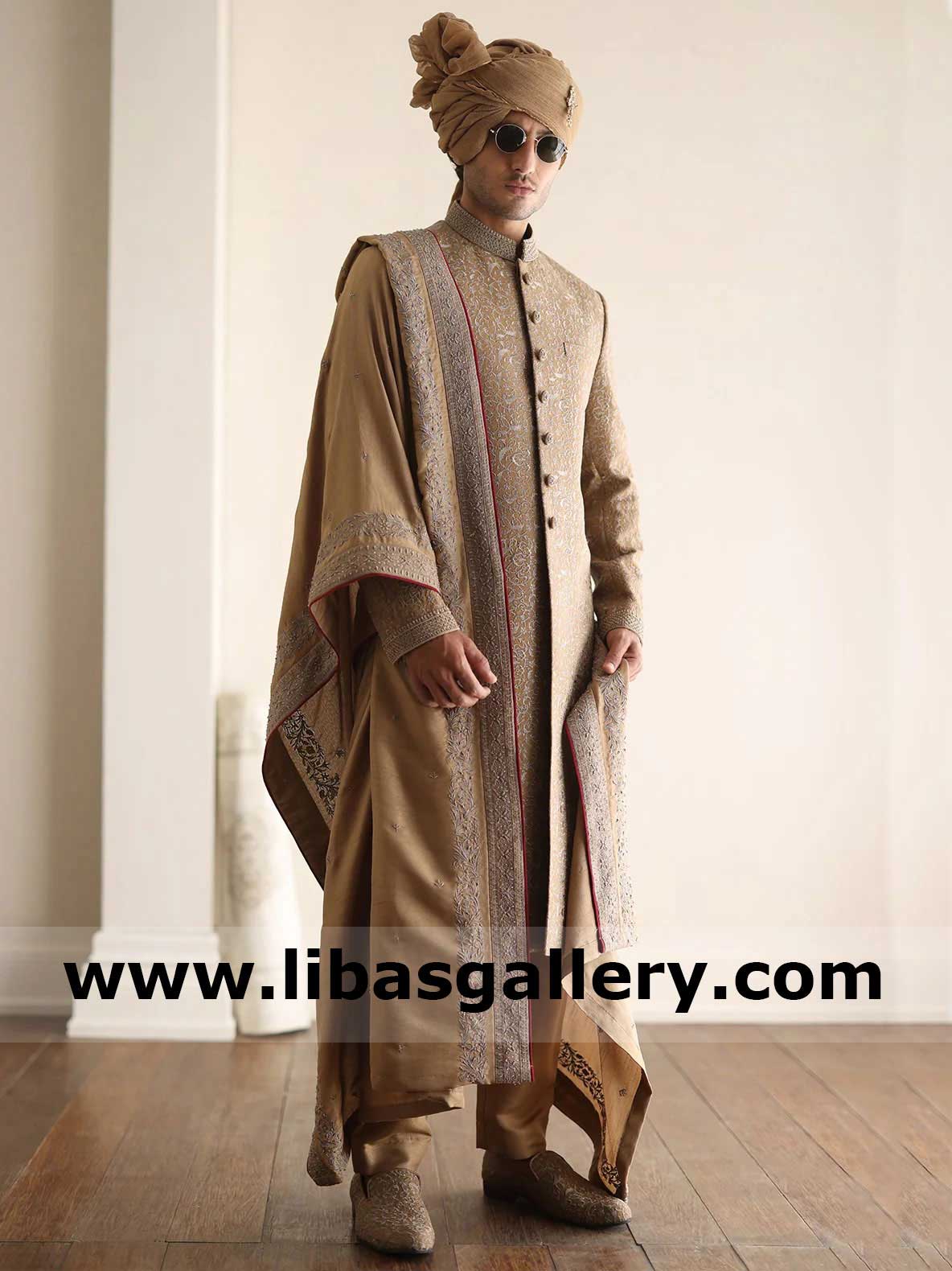 antique gold shawl premium embroidered for groom wedding,